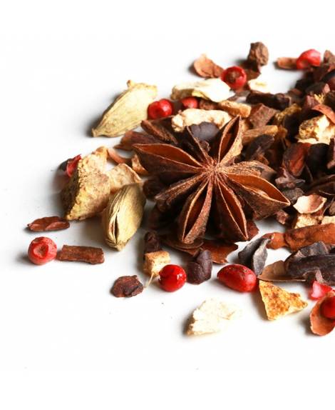 choco chai herbal tea with spices and cocoa beans and shells