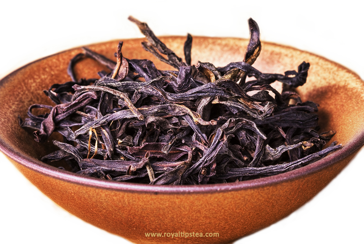 dried dahongpao tea leaves in a bowl 